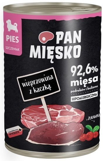 Pan Mięsko Karma mokra dla szczeniąt Wieprzowina z kaczką puszka 400g Pan Mięsko Karma mokra dla szczeniąt Wieprzowina z kaczką puszka 400g