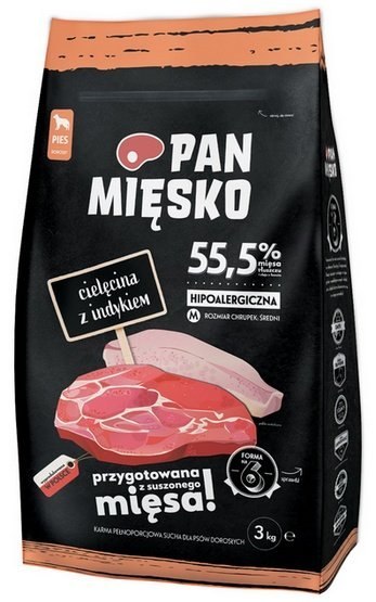 Pan Mięsko Karma sucha dla psa - cielęcina i indyk chrupki M 3kg Pan Mięsko Karma sucha dla psa - cielęcina i indyk chrupki M 3kg