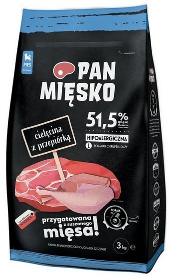 Pan Mięsko Karma sucha dla psa - dla szczeniąt cielęcina i przepiórka chrupki L 3kg Pan Mięsko Karma sucha dla psa - dla szczeniąt cielęcina i przepiórka chrupki L 3kg