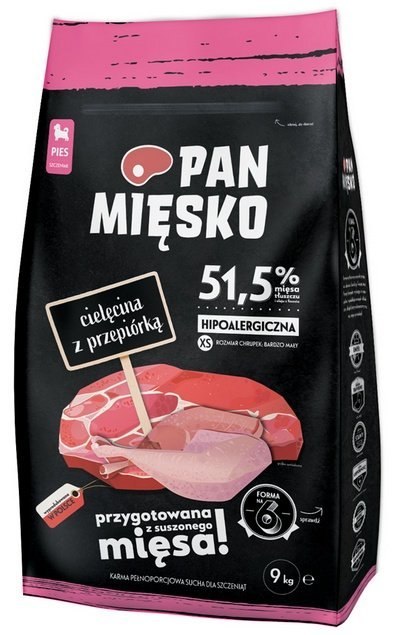 Pan Mięsko Karma sucha dla szczeniąt - cielęcina i przepiórka chrupki XS 9kg Pan Mięsko Karma sucha dla szczeniąt - cielęcina i przepiórka chrupki XS 9kg