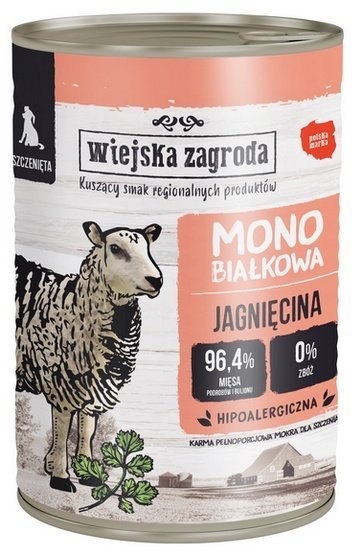 Wiejska Zagroda Monobiałkowa Jagnięcina dla szczeniąt puszka 400g Wiejska Zagroda Monobiałkowa Jagnięcina dla szczeniąt puszka 400g