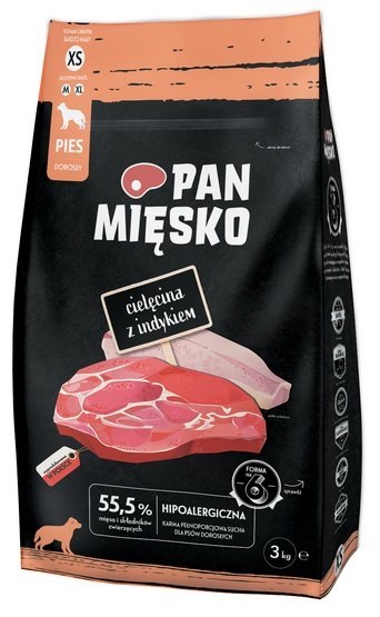 Pan Mięsko Karma sucha dla psa - cielęcina i indyk chrupki XS 3kg Pan Mięsko Karma sucha dla psa - cielęcina i indyk chrupki XS 3kg