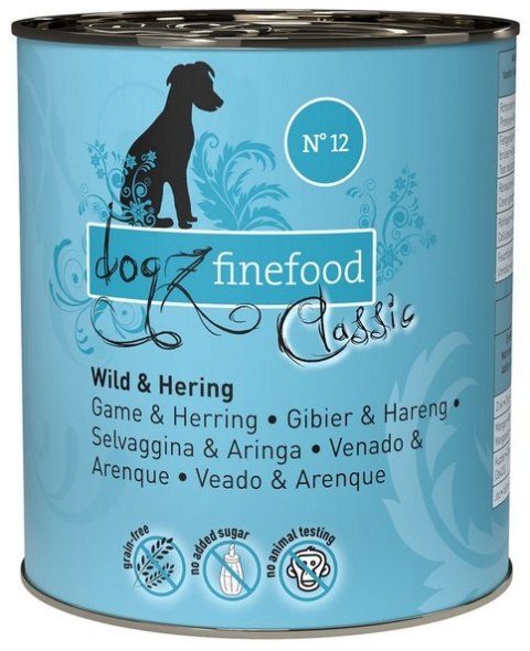 Dogz Finefood Classic N.12 Dziczyzna i śledź puszka 800g Dogz Finefood Classic N.12 Dziczyzna i śledź puszka 800g
